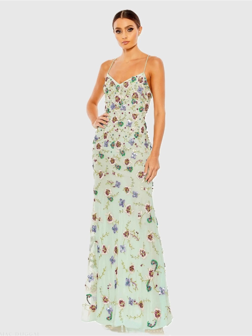 Mac Duggal Floral Embellished Lace Up Back Gown Dress Size 2 Mint Green nwt flaw